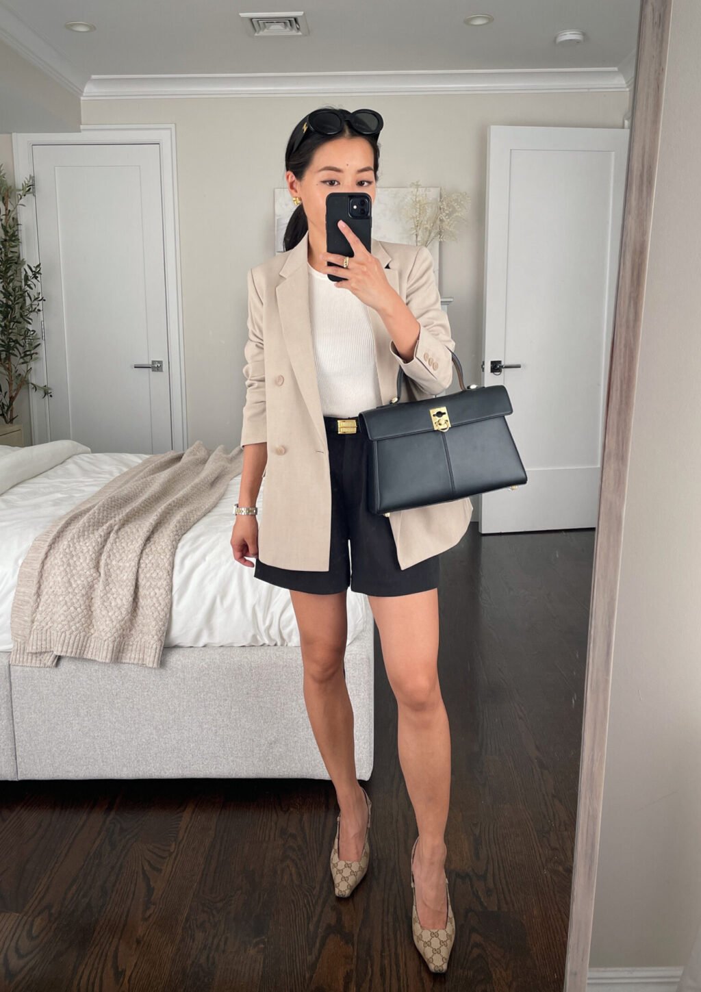 Uniqlo blazer Quince shorts cafune bag Gucci slingbacks