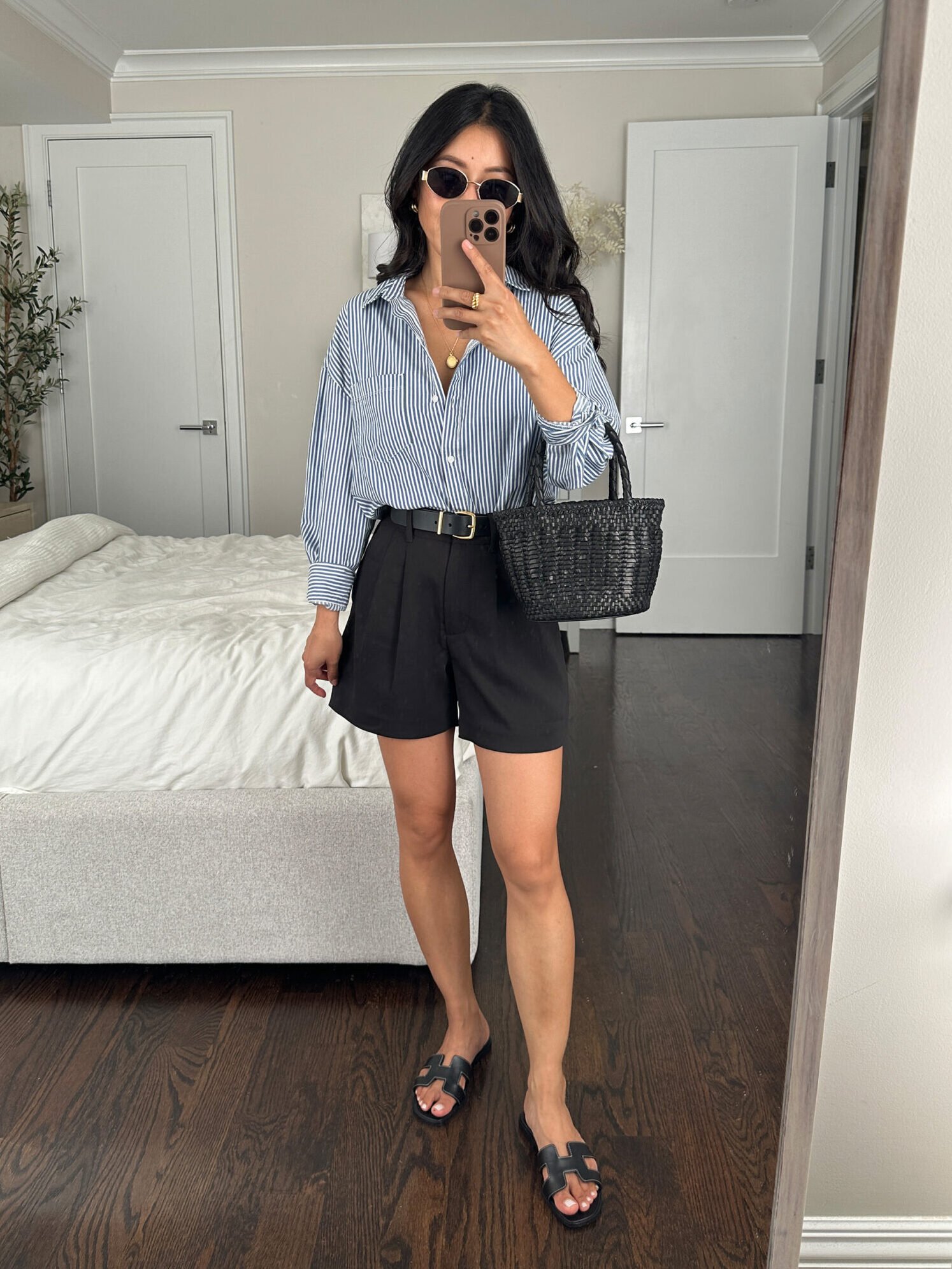 quince black tailored shorts blue striped shirt