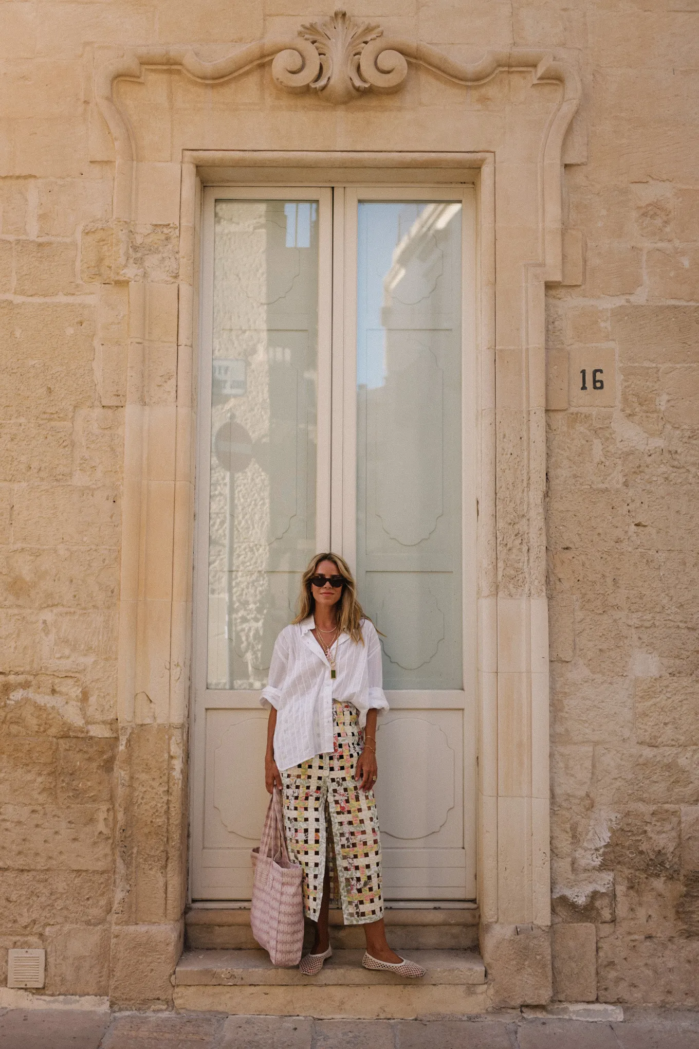 white blouse pastel woven skirt