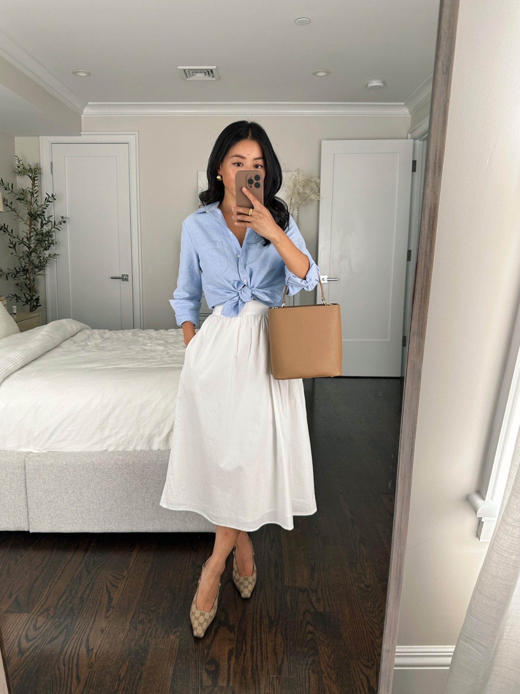 summer white midi skirt petite sezane tomboy shirt