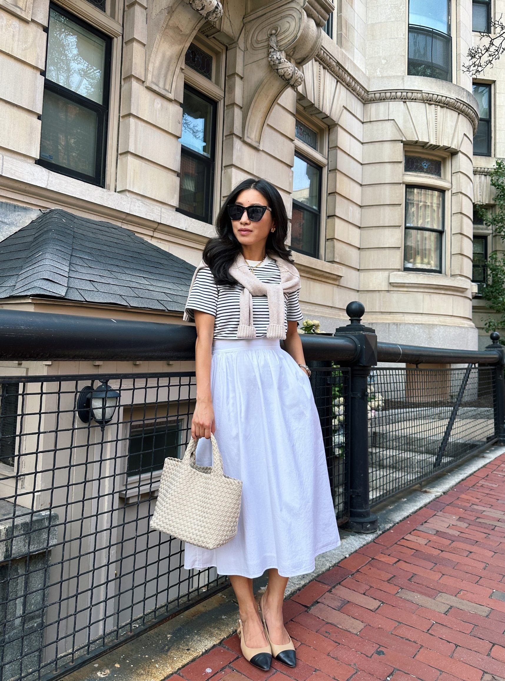 how to style a white cotton poplin midi skirt petite