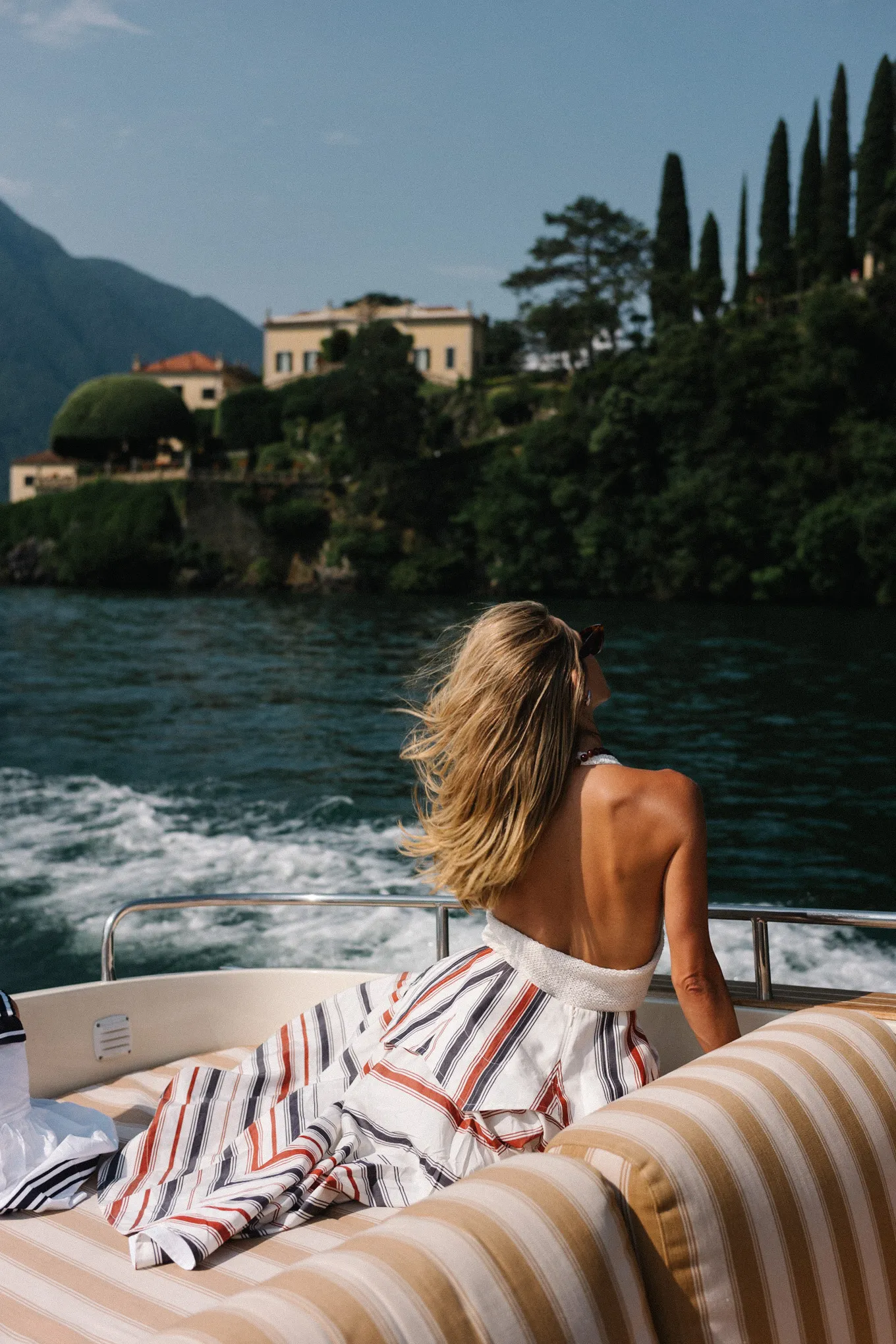 lake como italy cream tank striped maxi skirt