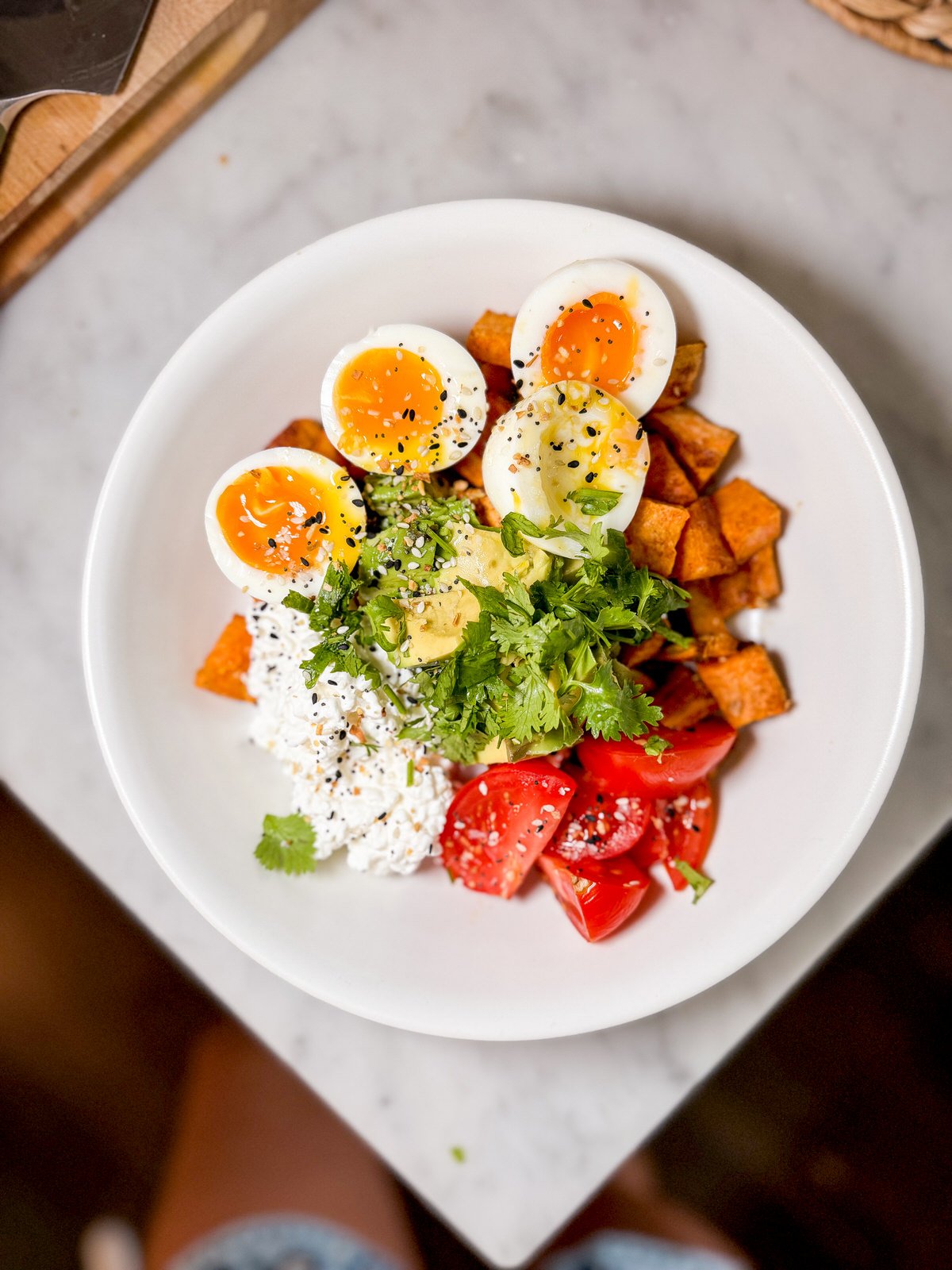 sweet potato bowl with soft boiled eggs, healthy meal ideas