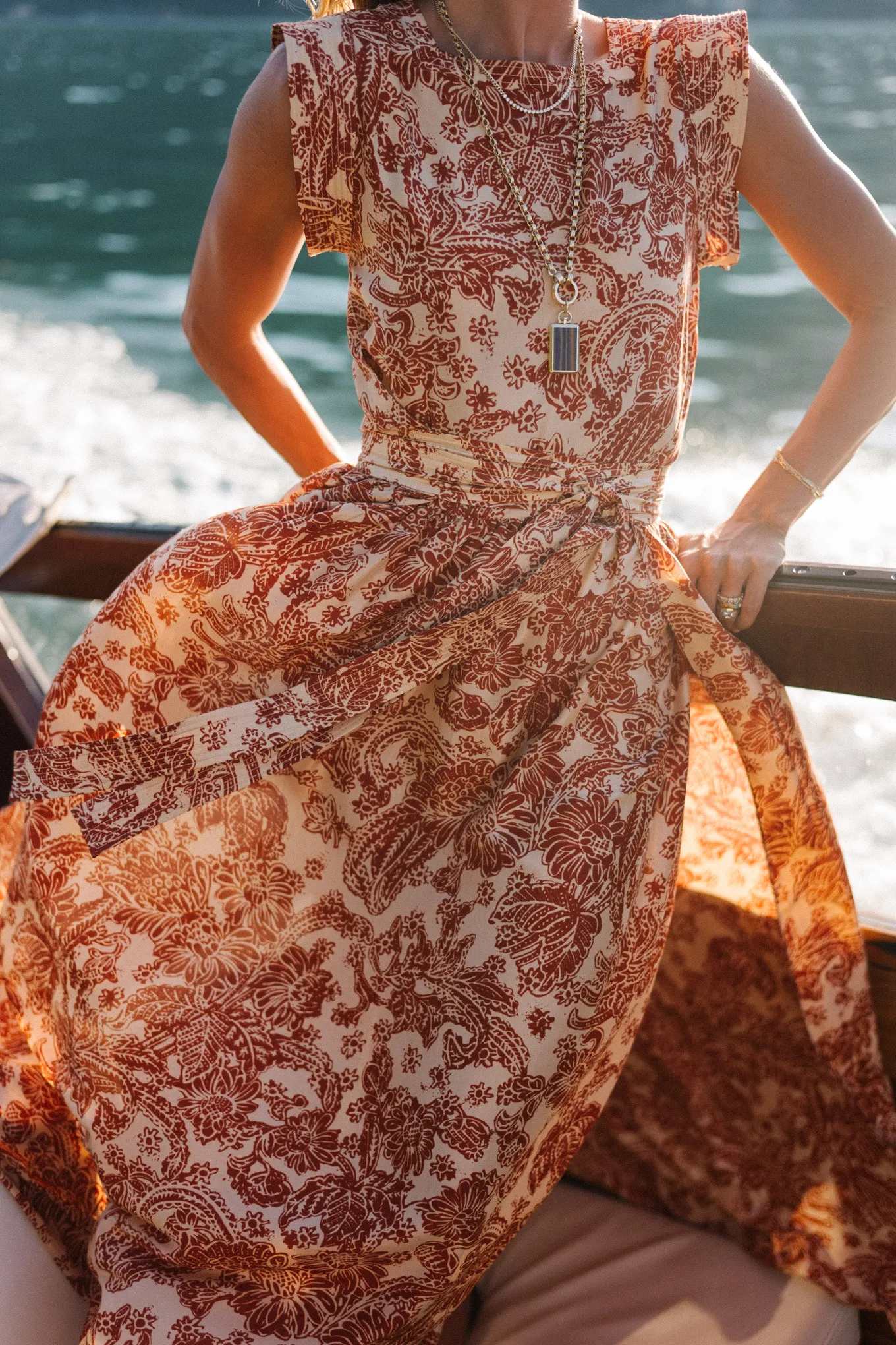 orange botanical print silk maxi dress