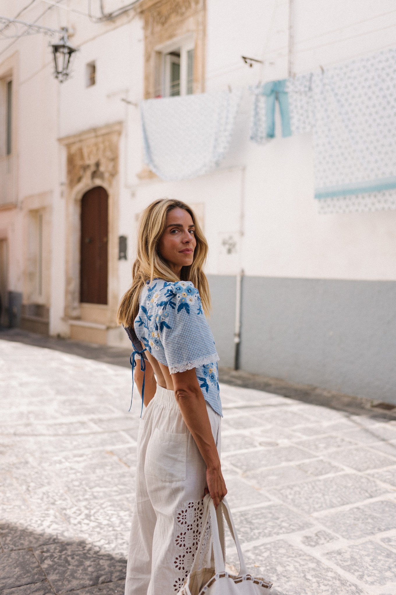 blue shirt white eyelet pants