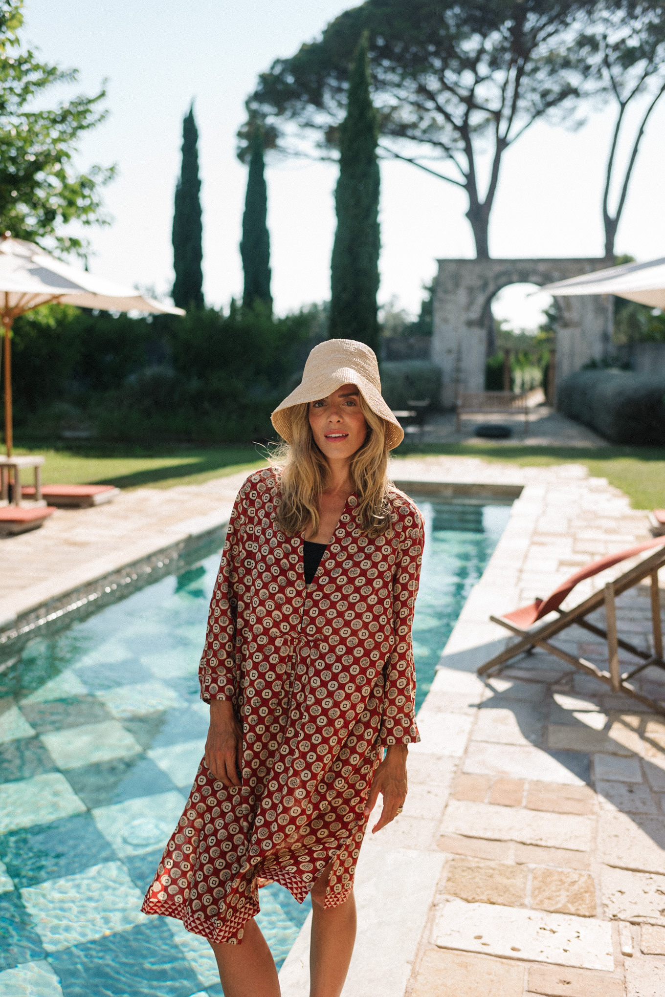 block print coverup straw bucket hat black bikini