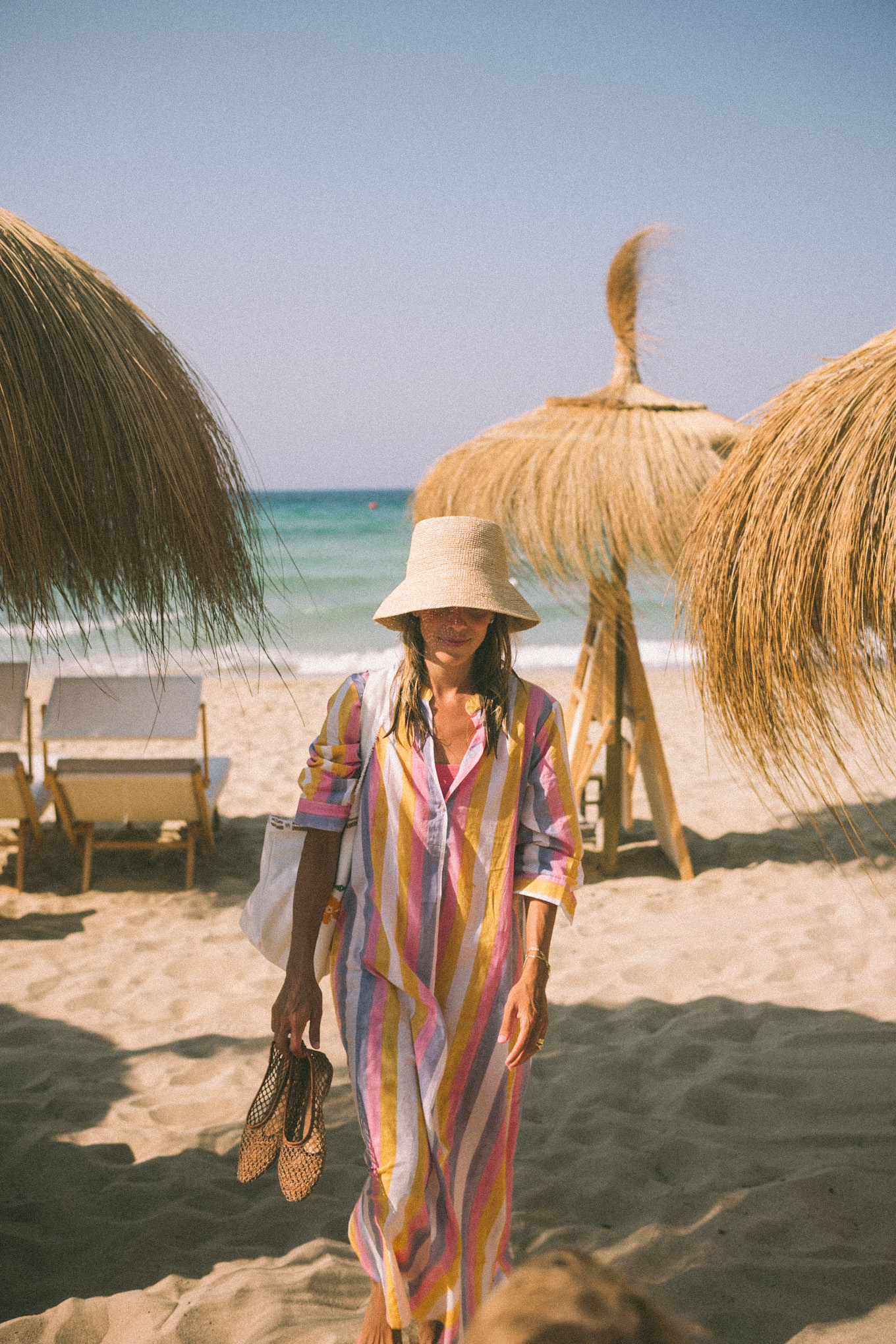 pink purple stripe coverup straw bucket hat white sunnies