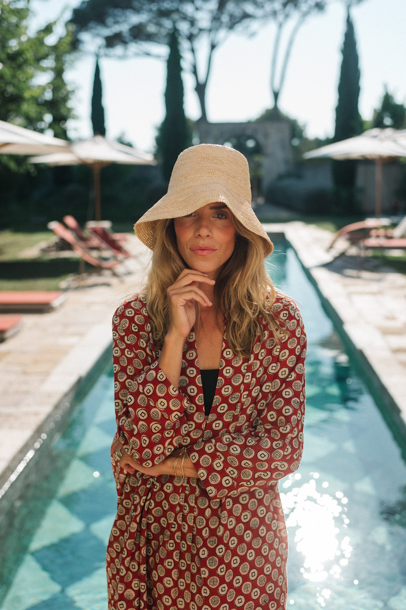 block print coverup straw bucket hat black bikini