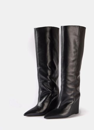 Mint Velvet Black Leather Wedge Boots