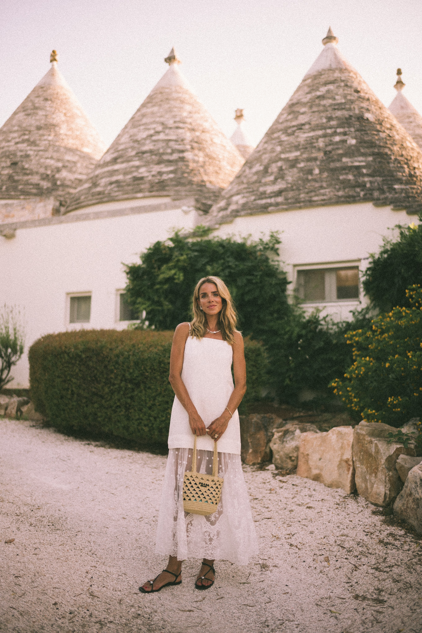 white mesh maxi dress straw bag leather sandals