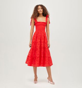 The Lace Ribbon Ellie Nap Dress by Hill House Home in Poppy Red Floral Lace on a model wearing pink heels.