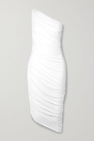 White One-Shoulder Ruched Stretch-Jersey Dress