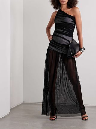 Black sheer Norma Kamali long dress worn on model.