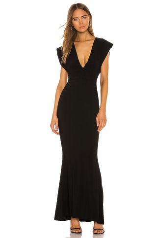 X Revolve V Neck Rectangle Gown on model in black.