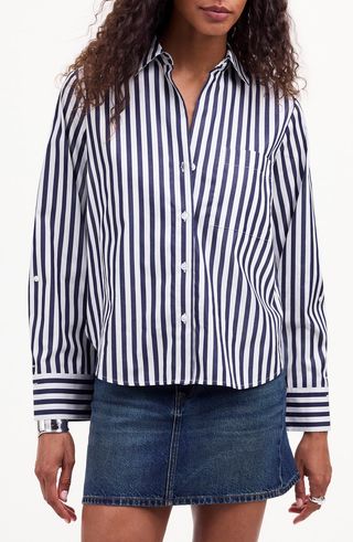 Stripe Easy Y-Neck Button-Up Shirt