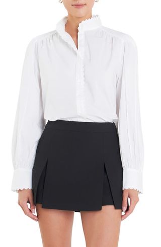 Scallop Trim Cotton Button-Up Shirt