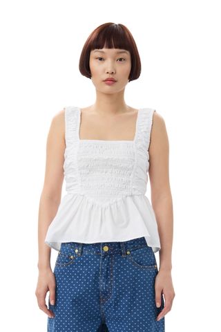 White Cotton Poplin Smock Strap Top