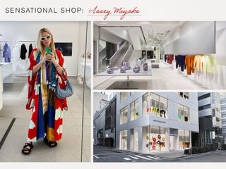 a collage of three images, including one mirror selfie and two images of the Issey Miyake store in Tokyo