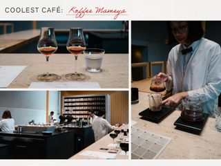 a collage of three images depicting the interior of a coffee shop in Tokyo