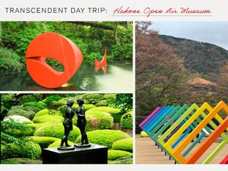 a collage of three images depicting outdoor art sculptures at the Hakone Open Air Museum