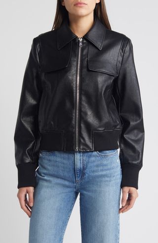 Flap Pocket Faux Leather Bomber Jacket