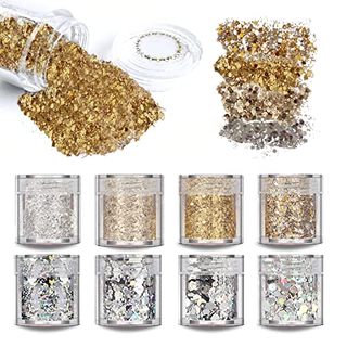 Saiftrad Nail Glitter-8 Jars 10ml Holographic Hexagon Gold Silver Nails Art Glitter, Cosmetic Chunky Glitter Iridescent Flake Paillette for Face, Eyes, Hair, Jewellery, Resin and Craft.