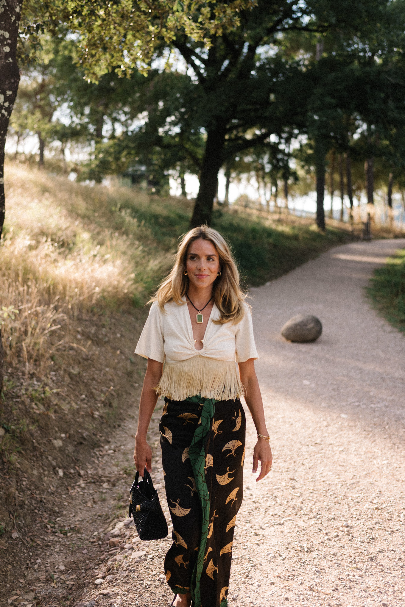 cream fringe top black green silk skirt