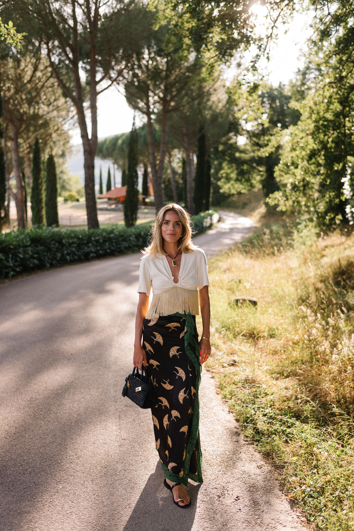 cream fringe top black green silk skirt