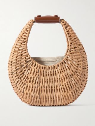 Mini Moon Leather-Embellished Raffia Shoulder Bag