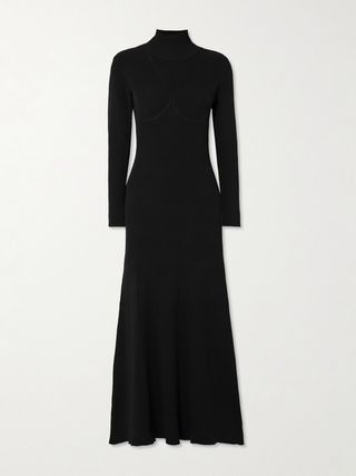 Obsidian Open-Back Ribbed-Knit Turtleneck Maxi Dress