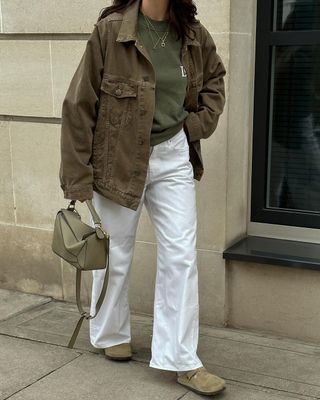 @francescasaffari wearing Birkenstocks with white jeans and khaki jacket