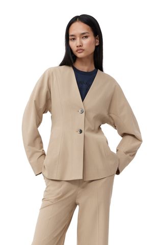 Beige Fitted Drapey Melange Blazer