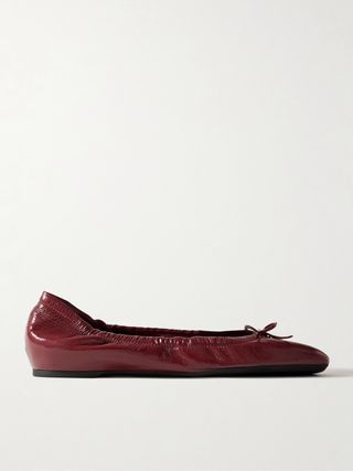 Vlogo Bow-Embellished Crinkled Patent-Leather Ballet Flats