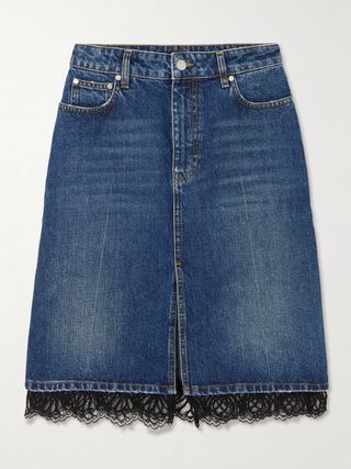 Lace-Trimmed Denim Midi Skirt