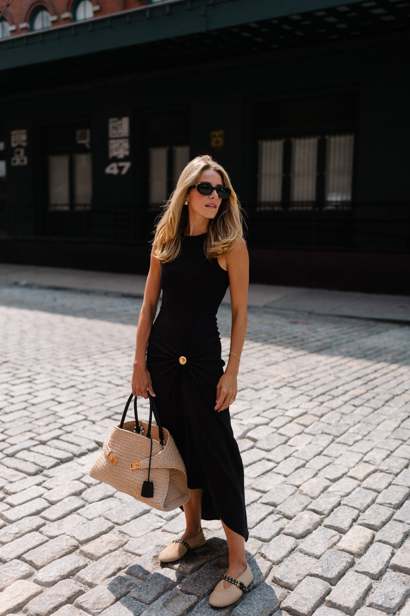 black cotton maxi dress straw bag straw mules