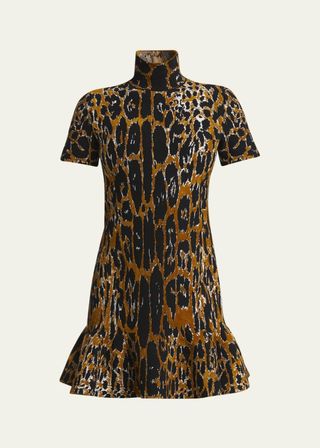 Mock-Neck Leopard Short-Sleeve Skater Mini Dress