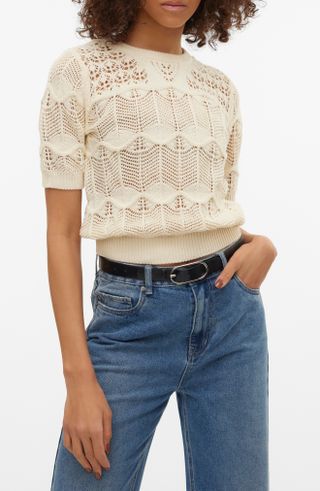 VERO MODA, Alexia Short Sleeve Pointelle Cotton Blend Sweater