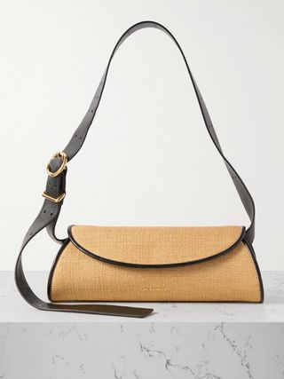 Leather-Trimmed Raffia Shoulder Bag