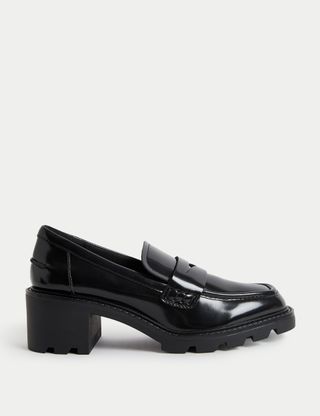 Leather Patent Slip on Block Heel Loafers