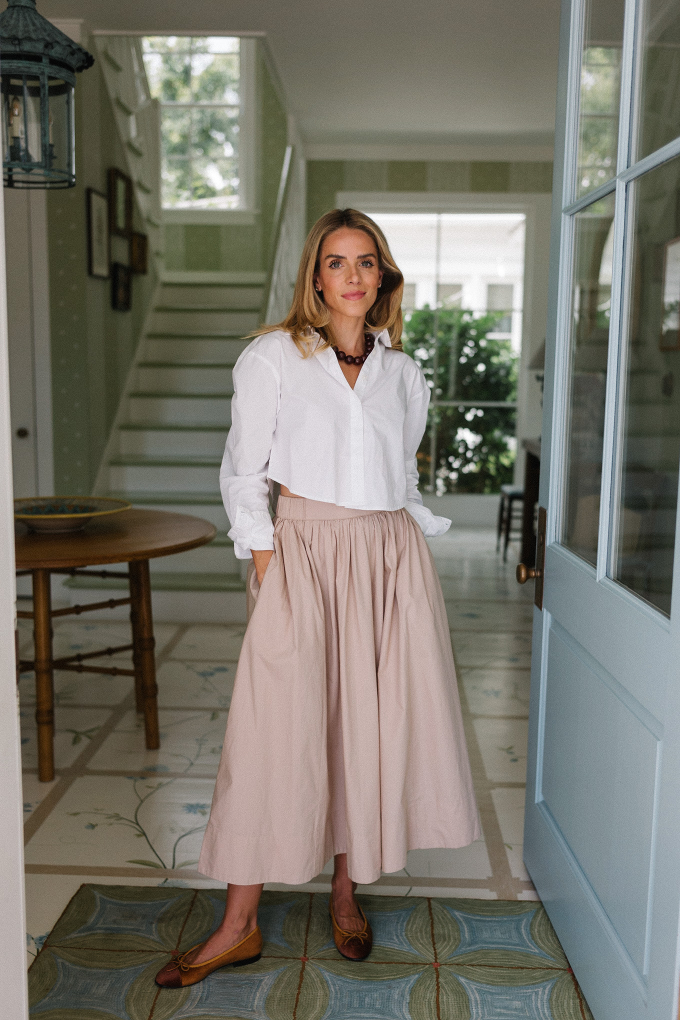 white button down blouse beige maxi skirt