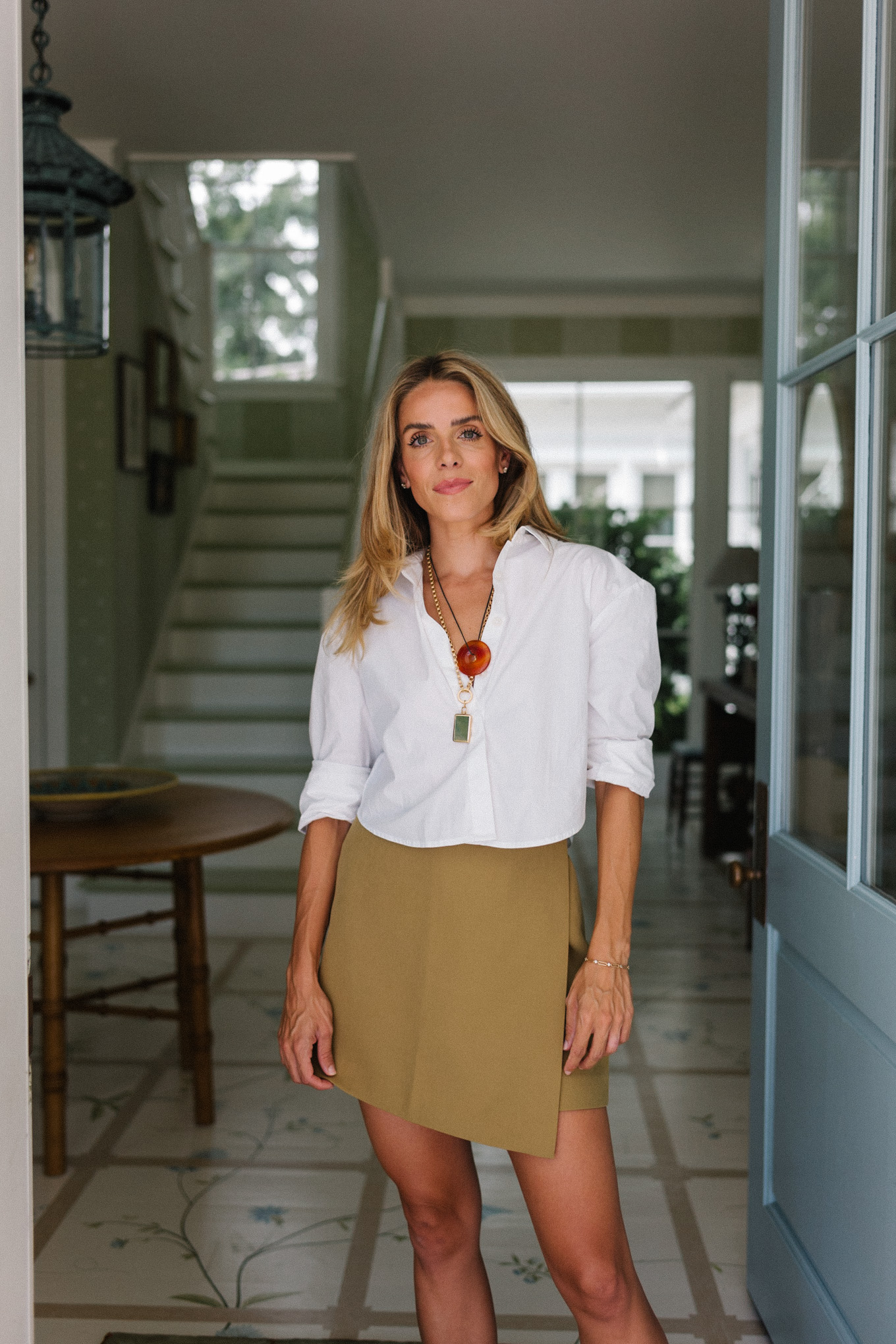 white button down blouse olive skirt