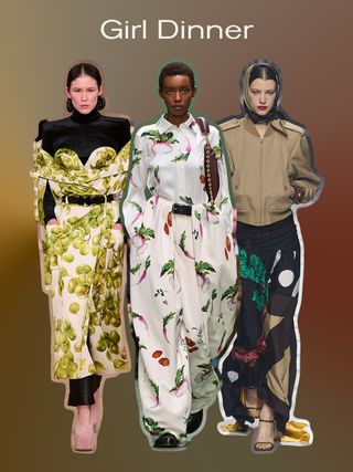 a collage of models in the fall runway shows of Balmain, Loewe, and Moschino, all wearing one of the biggest fall print trends with food-inspired patterns