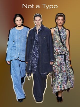 a collage of models in the fall runway shows of Baum und Pferdgarten, Christian Dior, and Bottega Veneta, all wearing one of the biggest fall print trends: typography patterns