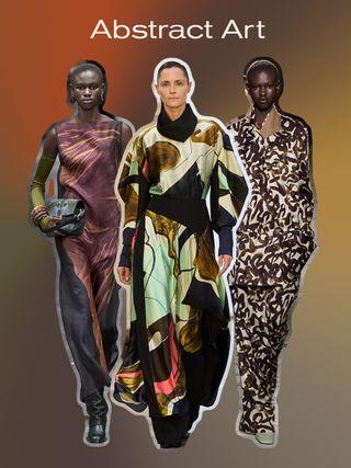 a collage of models in the fall runway shows of Fendi, Roksanda, and Dries Van Noten, all wearing one of the biggest fall print trends: abstract art patterns