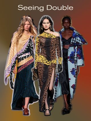 a collage of runway looks from the collections of Rabanne, Versace, and Erdem, showing the fall print trend: clothing with double-layered prints