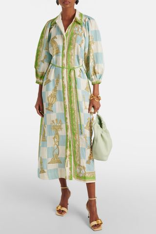 ALEMAIS Checkmate Linen Puff-Sleeve Maxi Shirtdress