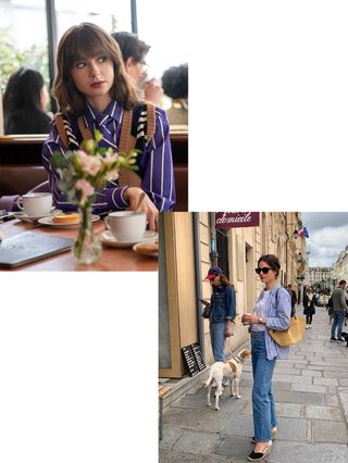 Emily in Paris's Lily Collins wearing a striped shirt with a sweater vest and Leasy wearing a striped shirt, blue jeans, black and white wedges, and a straw tote bag.