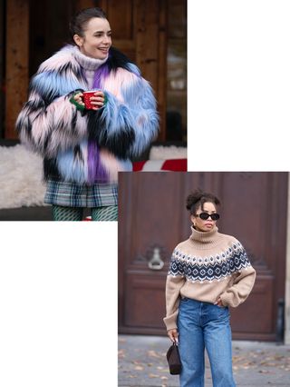 Emily in Paris's Lily Collins wearing a fur coat, a turtleneck, a plaid skirt, and patterned tights and Ellie wearing a tan turtleneck, a blue straight-leg jeans, and a black bag.