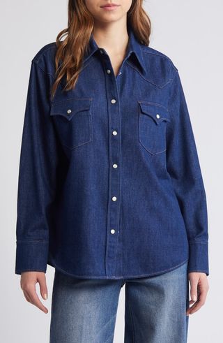 Oversize Western Organic Cotton Blend Denim Snap-Up Shirt