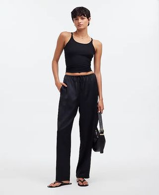 Pintucked Slim Pull-On Pants in Satin